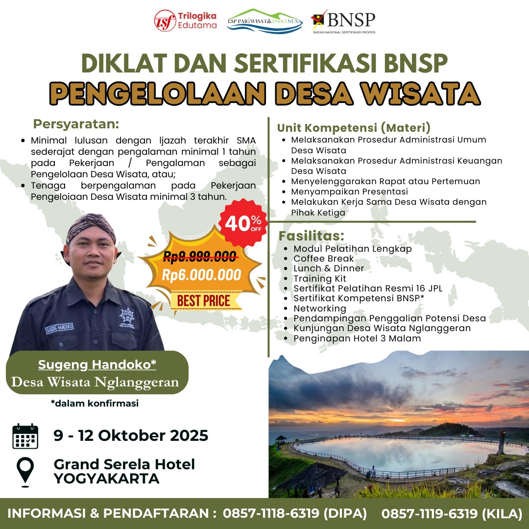 SPESIAL DIKLAT DAN SERTIFIKASI BNSP PENGELOLAAN DESA WISATA FULL OFFLINE DI YOGYAKARTA
